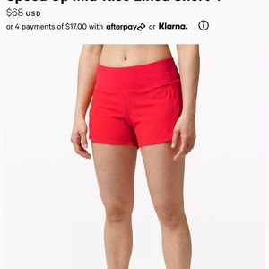 Lululemon  Speed Up Mid-Rise Lined Short 4'
